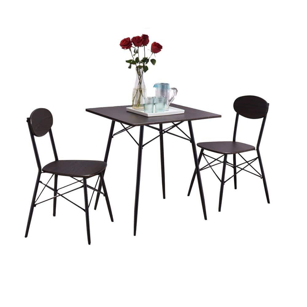 Compact Black Metal and Walnut Wood Dining Set with 2 Chairs