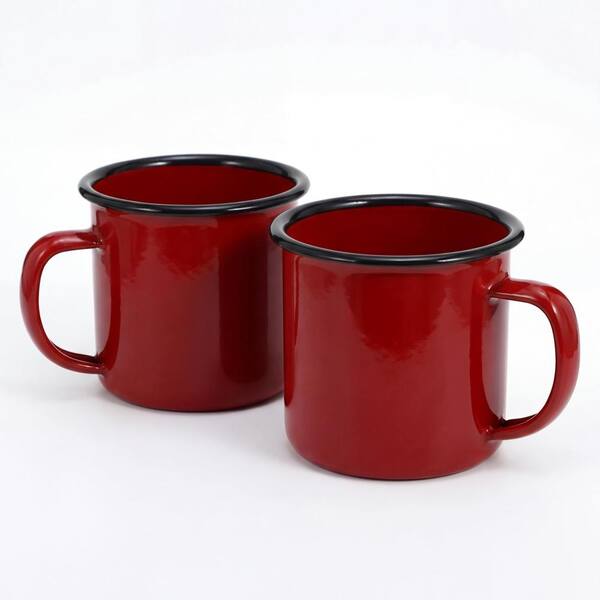 Red Enamel Steel Camping Mugs with Wide U-Handle Heat-Resistant Retro Design for Coffee and Tea (Set of