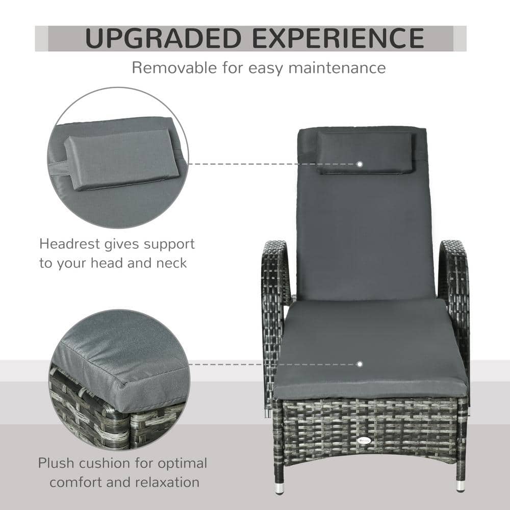 Gray Wicker Outdoor Chaise Lounge Set with Cushions and Wheels