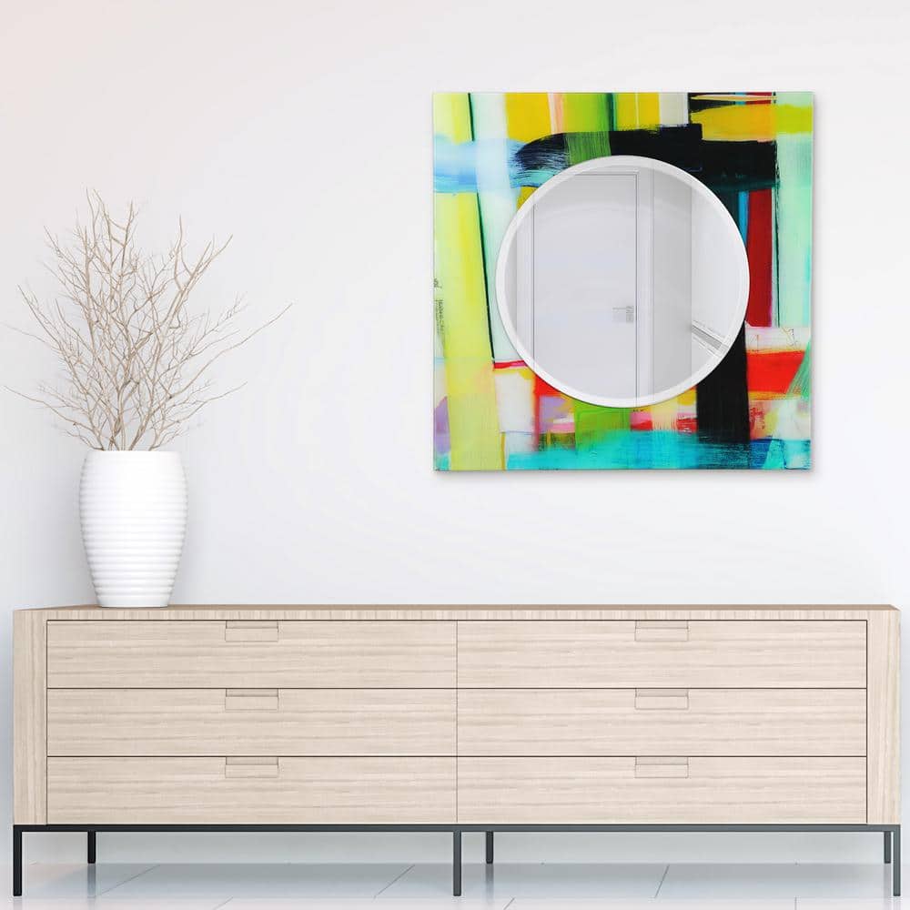 36" Round Frameless Beveled Mirror with Colorful Tempered Glass Frame