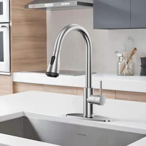 Single Handle Pull Down Sprayer Kitchen Faucet with Deckplate and Touchless Sink Faucet Sensor in Brushed Nickel