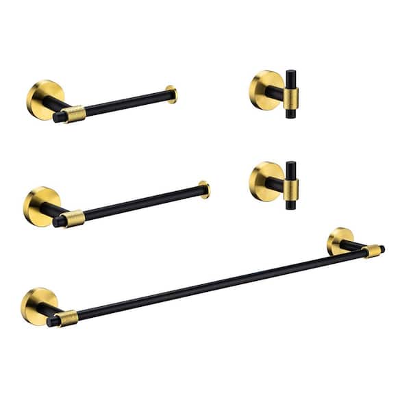 RAINLEX 5-Piece Combo Bath Hardware Set with Double Hooks Towel Ring Toilet Paper Holder and 24 in. Towel Bar in Gold Black