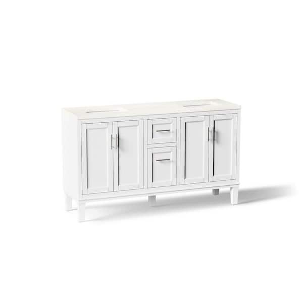 Chesil 60in. Double Sink Freestanding White Bath Vanity with Bianco Bella Quartz Top Assembled