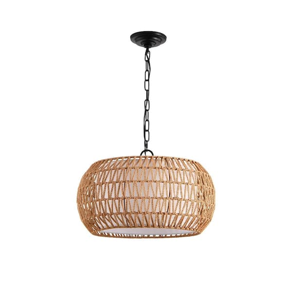 5-Light Brown 18 in. Farmhouse Boho Rope Pendant Light Chandelier, Adjustable Height, Hanging Ceiling Light, E26 Base