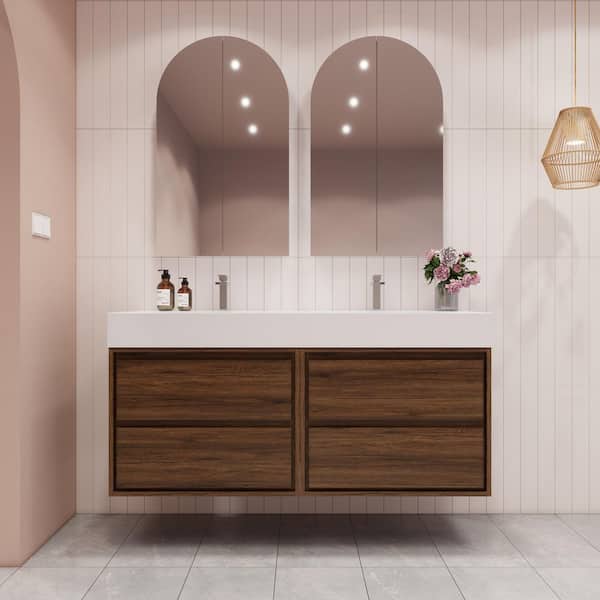 Eviva Luxurious 60 in. W x 22 in. D x 26 in. H Floating Bath Vanity in Rosewood with White Tempered Glass Top