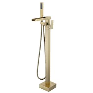 Single-Handle Floor Mount Freestanding Waterfall Tub Filler Bathroom Tub Faucets with Handheld Shower in Brushed Gold