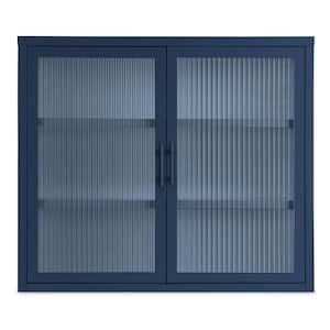 27.6 in. W. x 9.1 in. D x 23.6 in. H Blue Double Glass Door Wall Cabinet with Detachable Shelves for Bathroom, Kitchen