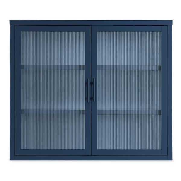 cadeninc 27.6 in. W. x 9.1 in. D x 23.6 in. H Blue Double Glass Door Wall Cabinet with Detachable Shelves for Bathroom, Kitchen