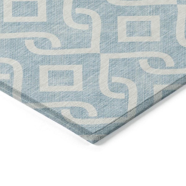 Sky Blue, Ivory 9 ft. x 12 ft. Woven Geometric Polyester Rectangle Indoor/Outdoor Area Rug
