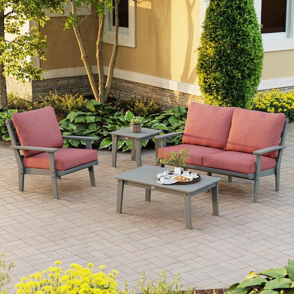 POLYWOOD Grant Park Slate Grey 4-Piece Plastic Patio Deep Seating Set with Silver Garnet Cushions