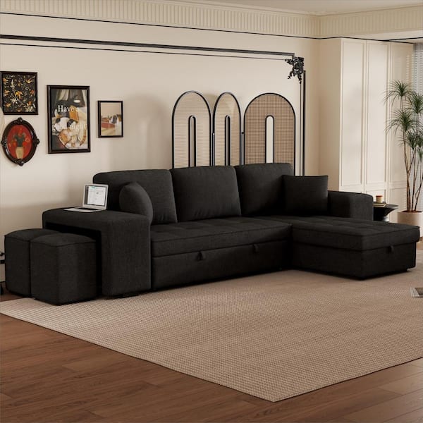 Fernhill 104 in. L-Shaped Chenille Modern Reversible Sectional Sofa in Charcoal Grey, Pull Out Sleeper, 2-Stools