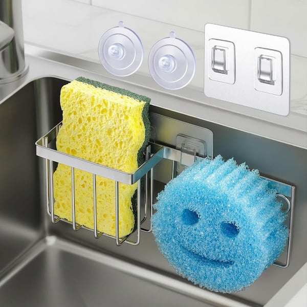 Stainless Steel Sponge Holder with Space-Saving for Dish Brush, Scrubber and Kitchen Sink Organizing Tasks (1-Pack)