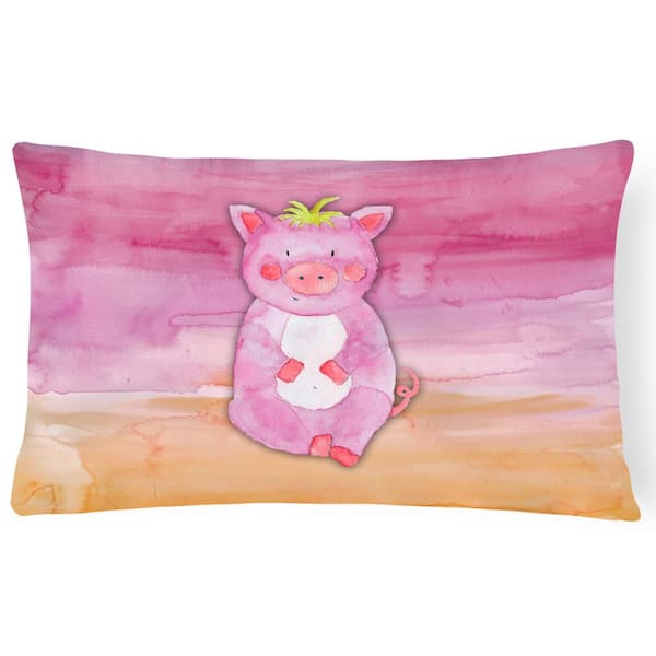 Caroline's Treasures 12 in. x 16 in. Multi-Color Outdoor Lumbar Throw Pillow Pig Watercolor