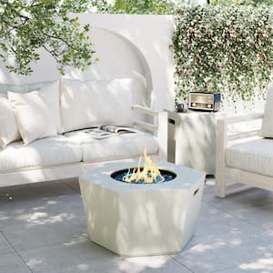 28 in. 40,000 BTU Off-White Hexagon Concrete Outdoor Propane Gas Fire Pit Table with Propane Tank Cover