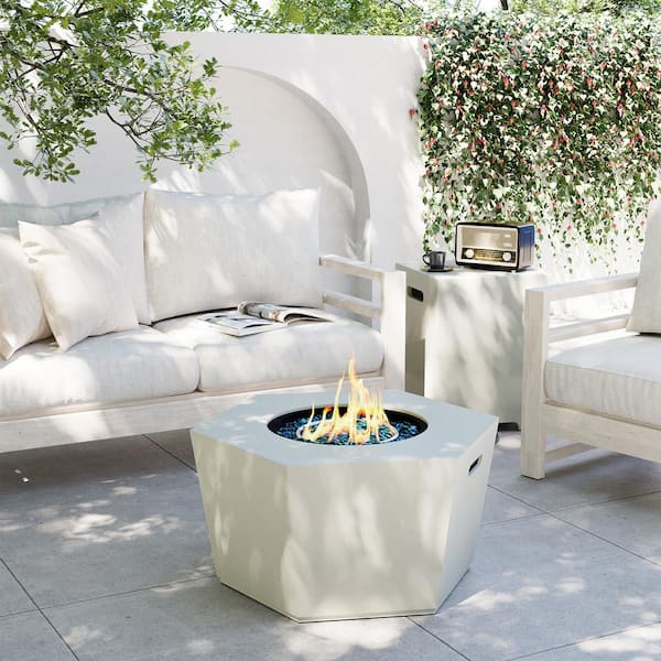 UPHA 28 in. 40,000 BTU Off-White Hexagon Concrete Outdoor Propane Gas Fire Pit Table with Propane Tank Cover