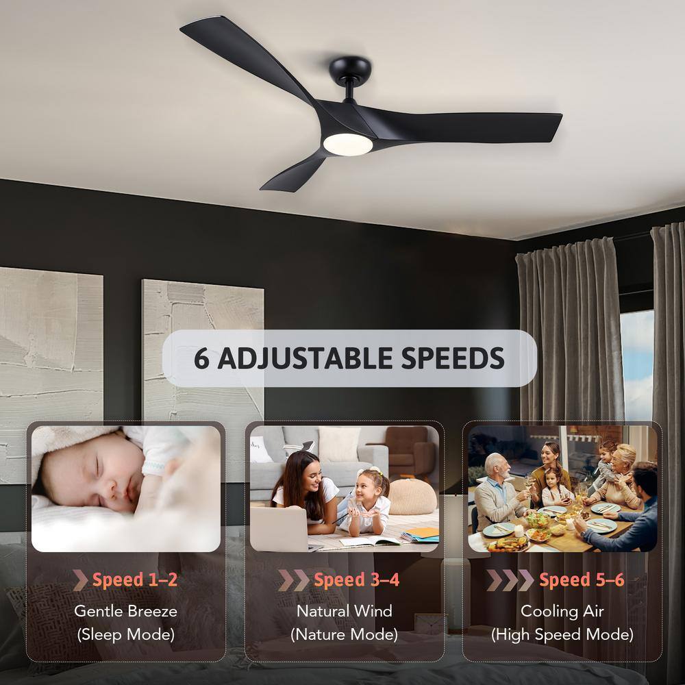 52" Black Modern Ceiling Fan with Dimmable LED Light and Remote