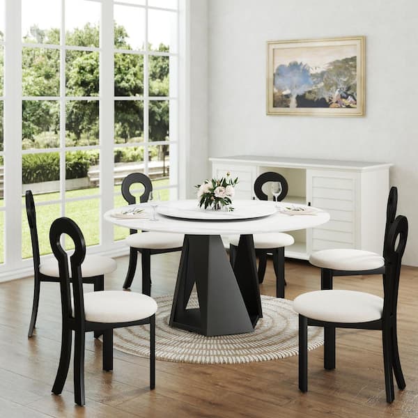 53.1 in. White Rotable Lazy Susan Sintered Round Stone Tabletop Black Pedestal Base Kitchen Dining Table (Seats-6)