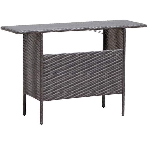 Kadehome Wicker Outdoor Bar Table with 2 Metal Mesh Shelves