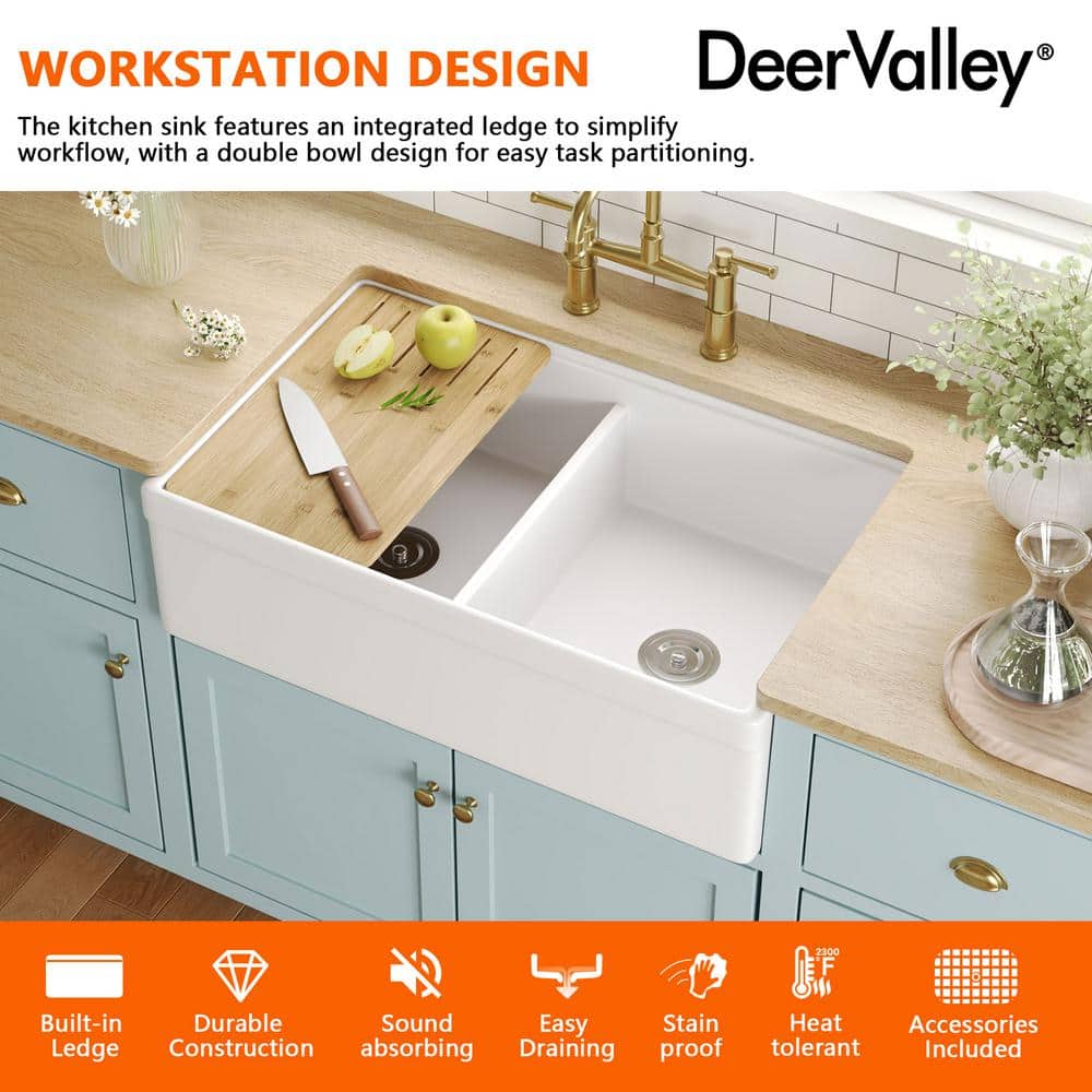 33" White Fireclay Double Bowl Farmhouse Kitchen Sink with Accessories