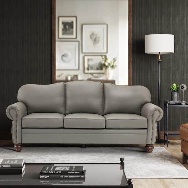 ARTFUL LIVING DESIGN Macimo 81 in. Rolled Arm Genuine Leather Rectangle Transitional 3-Seater Sofa in Grey
