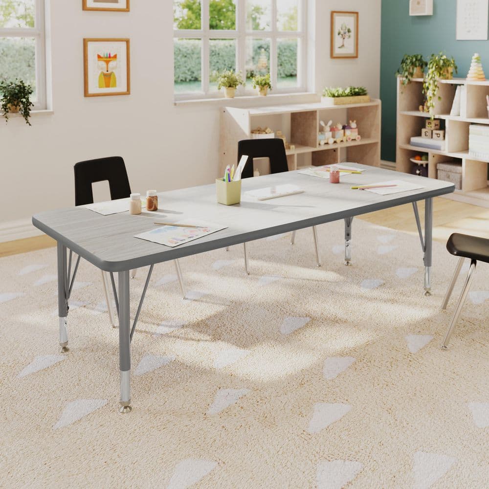Wren Adjustable Light Gray Top/Silver Frame Rectangle Kids Activity Table with Thermal Laminate Top for 4