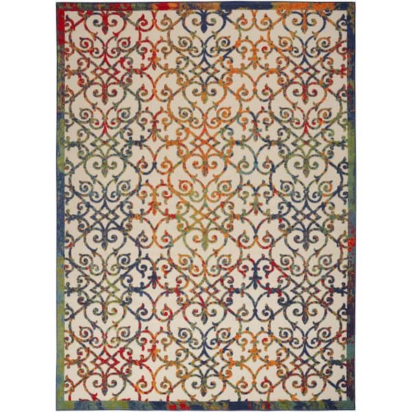 Ivory, Blue 9 ft. x 12 ft. Woven Polypropylene Indoor/Outdoor Area Rug