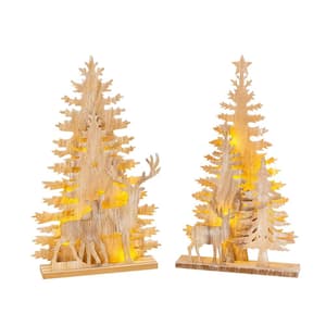 17.25 in. B/O Lighted Laser Cut Trees and Reindeer Tabletop Decor (Set of 2)