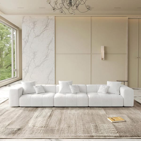 144 in. Oversized Square Arm Linen Rectangle Modular Sectional Sofa 3-Seater in White