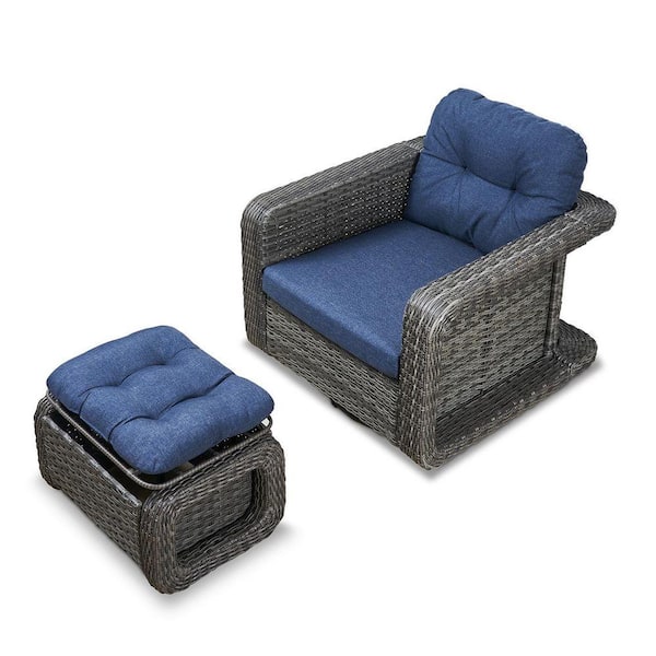 Glider Swivel Rocker Chair with Ottoman-2-Piece Gray Wicker Set, Outdoor Bistro /Patio/Balcony Set with Blue Cushions