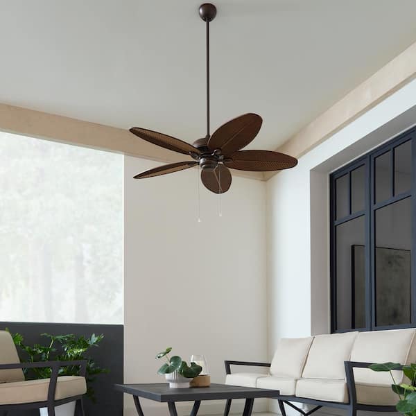 Generation Lighting - Cruise 52 in. Wet Rated Coastal Outdoor Roman Bronze Ceiling Fan with American Walnut Palm Leaf Blades and Pull Chain