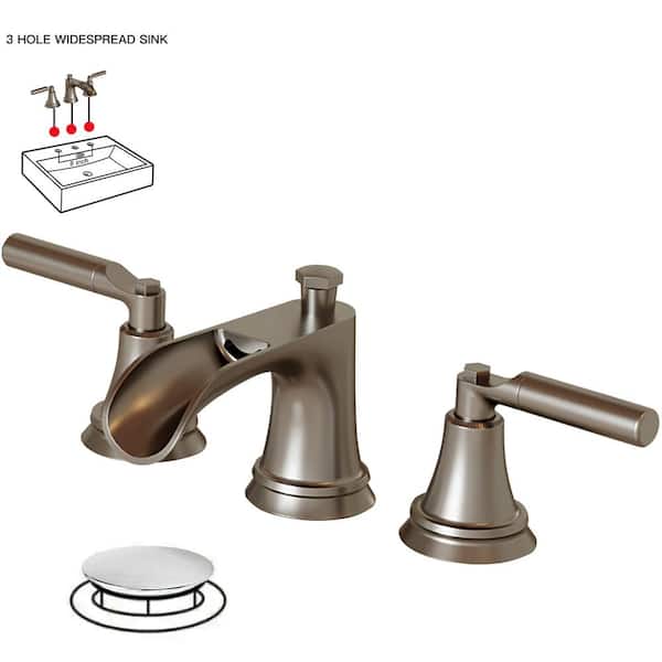BWE 8 in. Widespread Double-Handle 3-Hole Waterfall Bathroom Faucet Water-Saving with Metal Drain in Brushed Nickel