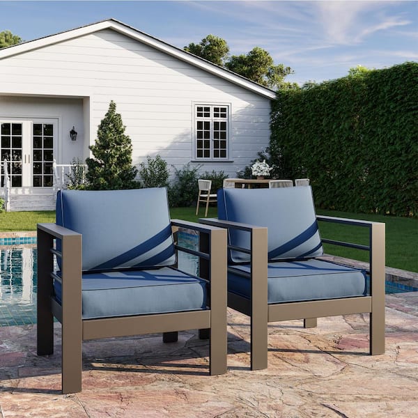 Dark Gray Aluminum Patio Outdoor Lounge Chair with Blue Cushions (2-Pack)