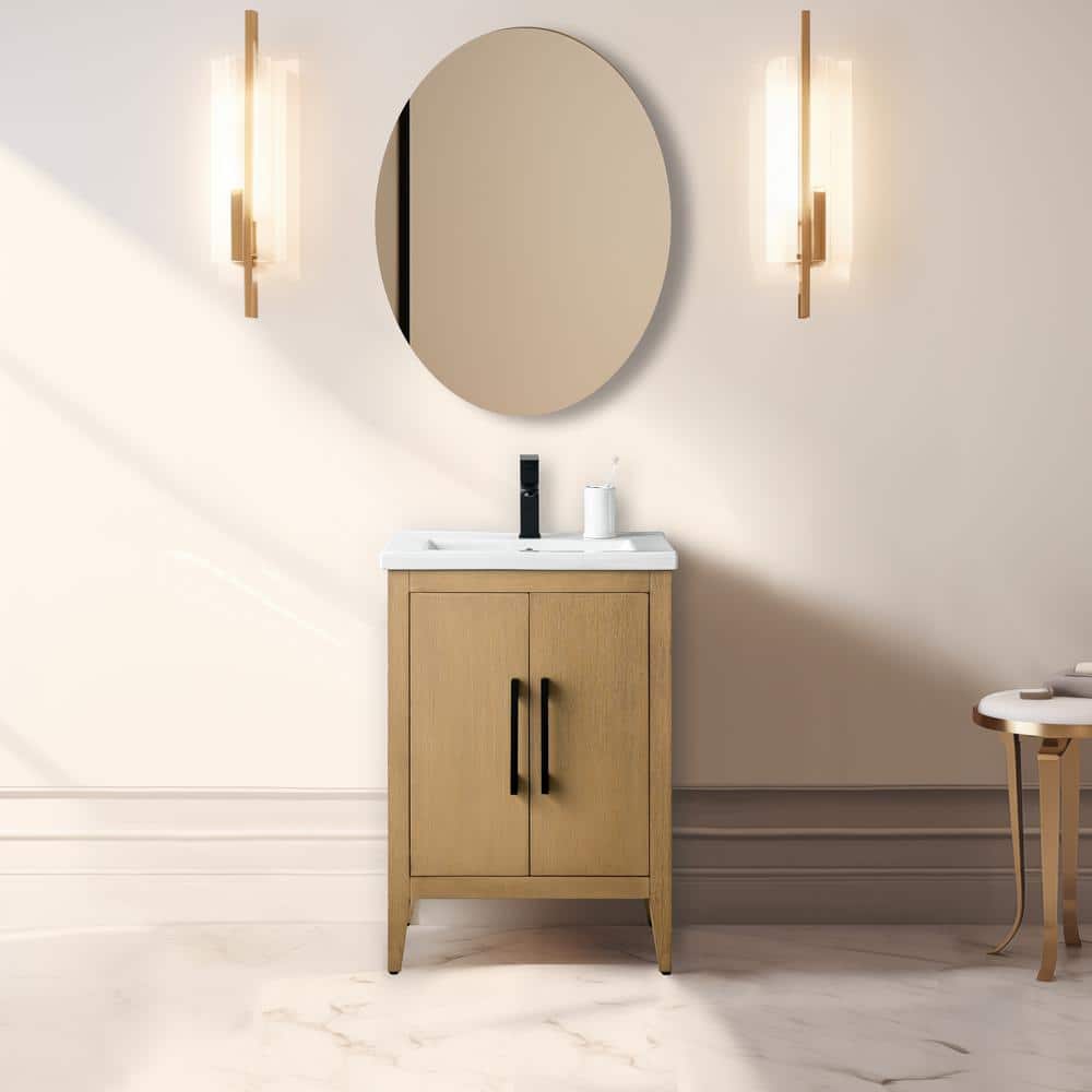 Natural Oak and Matte Black 24" Single Bathroom Vanity with Ceramic Top