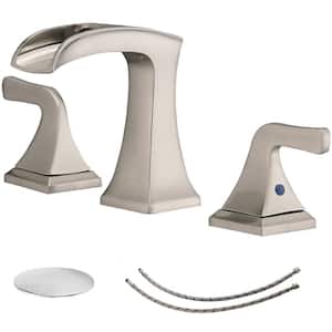 8 in. Widespread Double Handle Waterfall Bathroom Faucet 3 Holes Brass Bain Taps with Pop-Up Drain Kit in Brushed Nickel