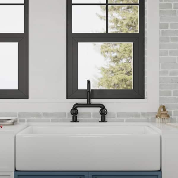 Double Handle Deck Mount 8 in. Center Gooseneck Standard Kitchen Faucet in Matte Black