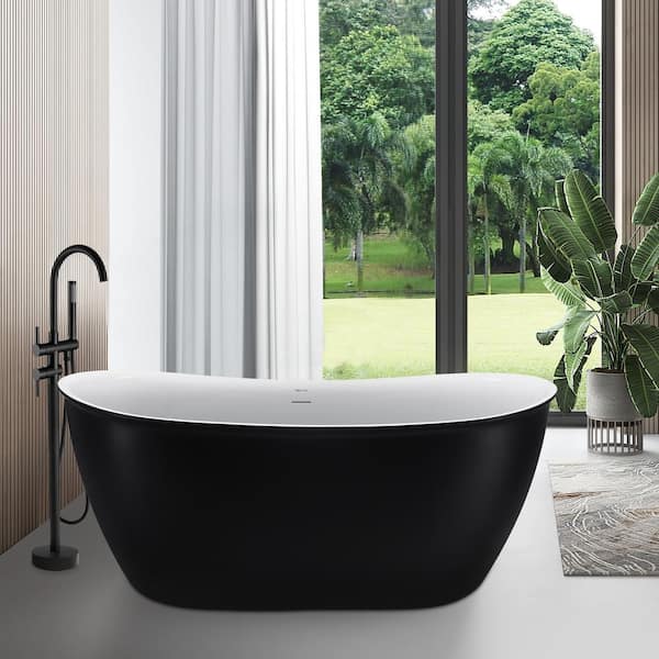INSTER MUTE 59 in. Outer Black Acrylic Flatbottom Freestanding Double Slipper Non-Whirlpool Soaking Bathtub
