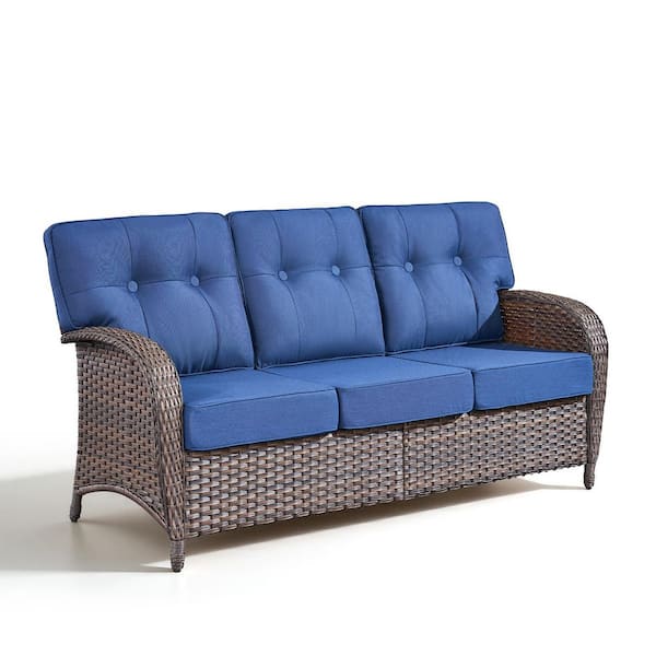 3-Seat Wicker Outdoor Patio Sofa Sectional Couch with Blue Cushions