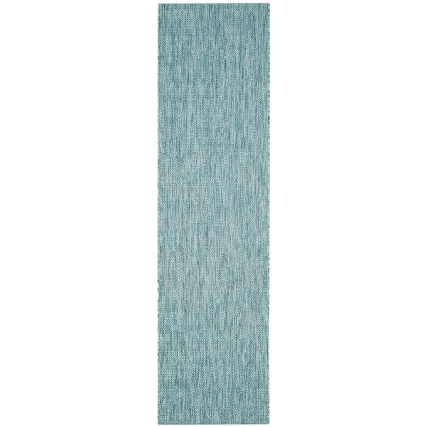 Courtyard Aqua 2 ft. x 22 ft. Ikat Solid Indoor/Outdoor Patio  Runner Rug