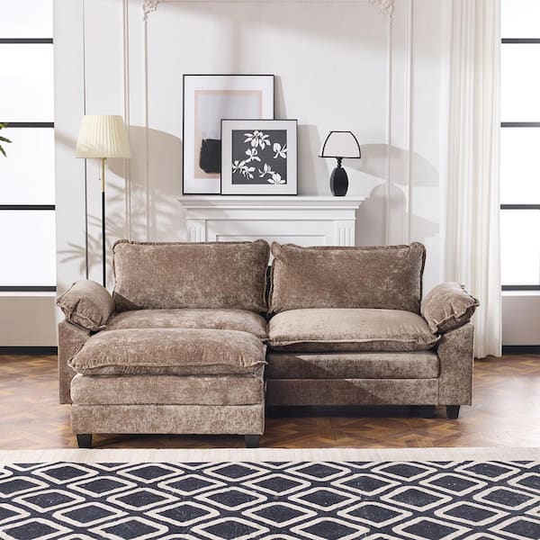 KD 85 in. Wide Pillow Top Arm Chenille L-shaped Sofa in Brown with Ottoman