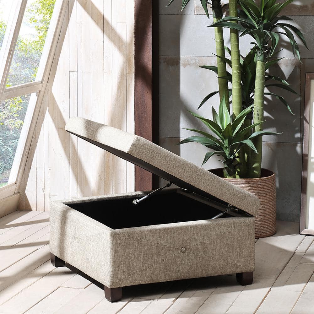 Beige Tufted Square Storage Ottoman with Graduated Legs