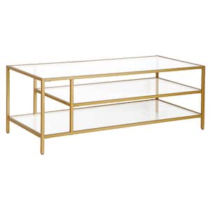 Winthrop 46 in. Brass Rectangle Glass Coffee Table with Glass Shelves
