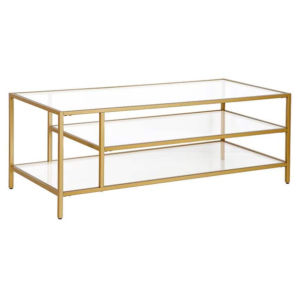Meyer&Cross Winthrop 46 in. Brass Rectangle Glass Coffee Table with Glass Shelves