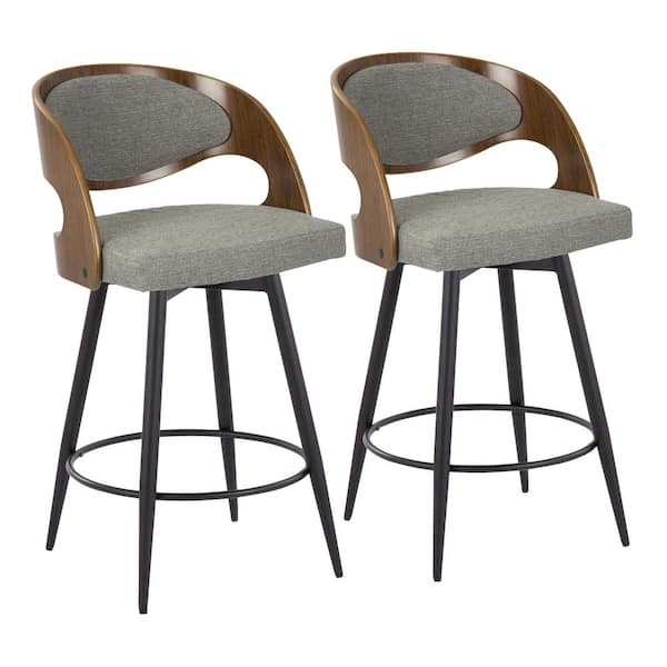 Lumisource Pino 25.25 in. Grey Fabric, Walnut Wood and Black Metal Fixed-Height Counter Stool Tapered Metal Legs (Set of 2)