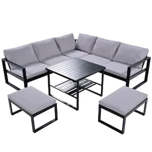 Black 6-Piece Metal Outdoor Sofa Sectional Sofa Set Industrial Style Conversation Set with End Table and Gray Cushions