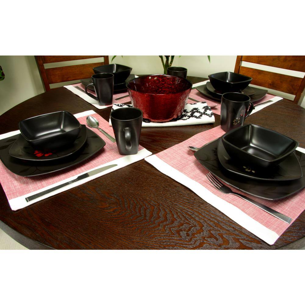 Black Ceramic Square Floral Dinnerware Set, Service for 4