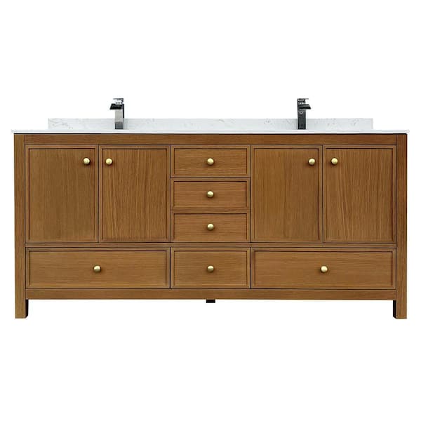 72 in. W x 22 in. D x 35 in. H Double Sink Bath Vanity Cabinet in Brown Oak with Calacatta Cultured Marble Top