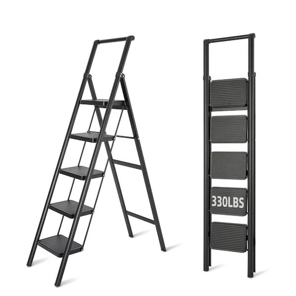 5 ft. Reach 5-Step Iron Ladder, Foldable Non-Slip, 330 lbs. Load Capacity, Suitable for Home Office, Black