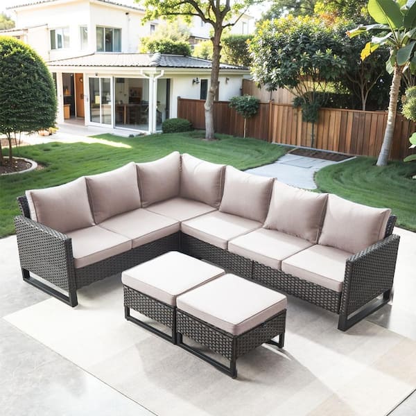 Gymojoy Valenta Brown 5-Piece Wicker Outdoor Sectional Set with Beige Cushions
