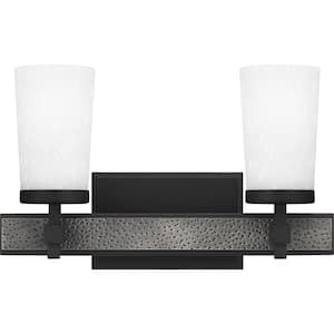 Dalton 15 in. 2-Light Earth Black Vanity Light with Etched Seeded Glass