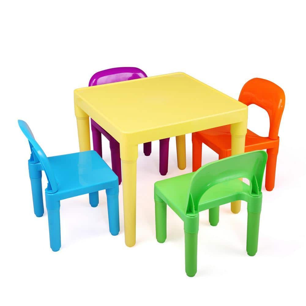 5-Piece Plastic Kids Patio Conversation Set with Activity Table and Colorful Chair